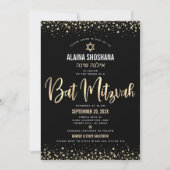 Invitation Batra Mitzvah Noir Dorure Paillettes Écriture Mode (Devant)