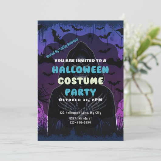 Invitation Bats de faucheuses violet bleu Halloween (Debout devant)