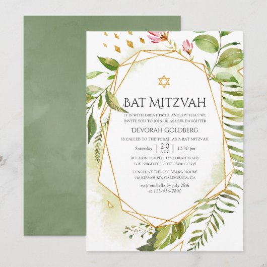 Invitation Bats de Mitsva de verdure cristalline géométrique (Devant / Derrière)