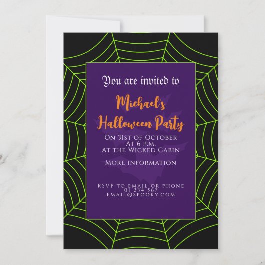 Invitation Bats en toile d'araignée noire violet Halloween (Devant)