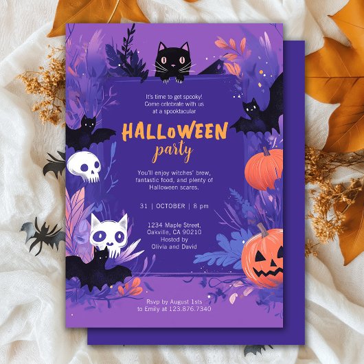 Invitation Bats et chats mignons violets Fête d'Halloween