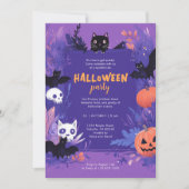 Invitation Bats et chats mignons violets Fête d'Halloween (Devant)