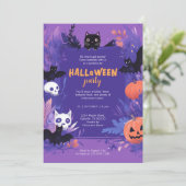 Invitation Bats et chats mignons violets Fête d'Halloween (Debout devant)