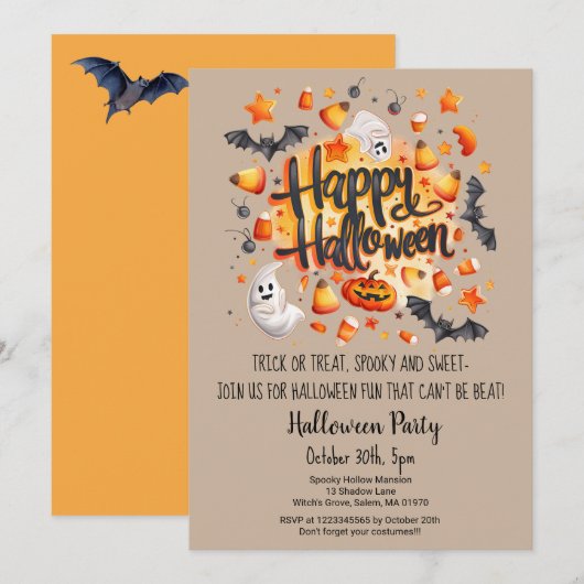 Invitation Bats fantômes Trick ou Treat Citrouille Halloween  (Devant / Derrière)