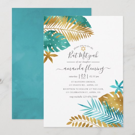 Invitation Bats Mitzvah Tropical Turquoise et Or (Devant / Derrière)