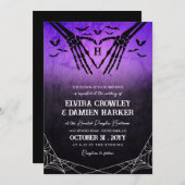 Invitation Bats pourpres Skeleton Heart Goth Halloween Mariag (Devant / Derrière)