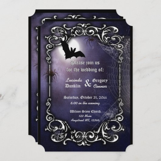 Invitation Batte, lune et araignées avec le décor fleuri (Devant / Derrière)