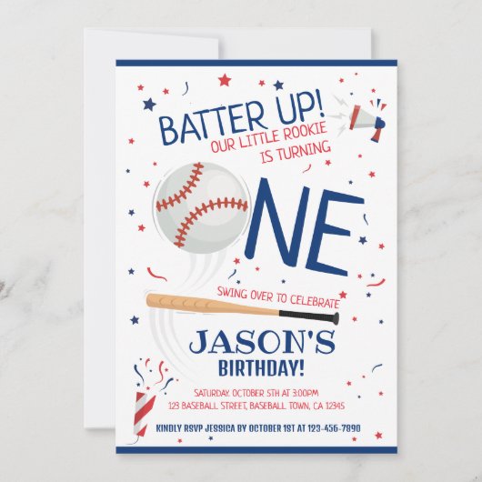 Invitation Batte Up Blue Little Rookie Baseball 1er anniversa (Devant)