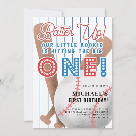 Invitation Batte Up Little Rookie Baseball 1er anniversaire (Devant)