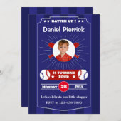 Invitation Batter ! Blue & Red Baseball 4e fête d'anniversair (Devant / Derrière)