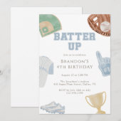 Invitation Batter up Preppy Blue Baseball Bow 4th Birthday  (Devant / Derrière)