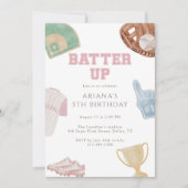 Invitation Batter up Preppy Pink Baseball Bow 5th Birthday  (Devant)