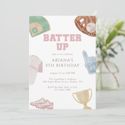 Invitation Batter up Preppy Pink Baseball Bow 5th Birthday  (Debout devant)