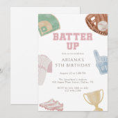 Invitation Batter up Preppy Pink Baseball Bow 5th Birthday  (Devant / Derrière)