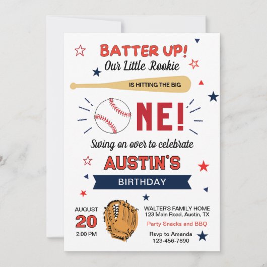Invitation Batter Up ! Thème de baseball mignon pour fête d'a (Devant)