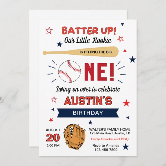 Invitation Batter Up ! Thème de baseball mignon pour fête d'a (Devant / Derrière)