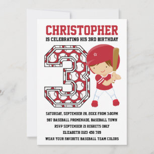 Invitation Batterie de baseball Rouge Blanc 3ème anniversaire