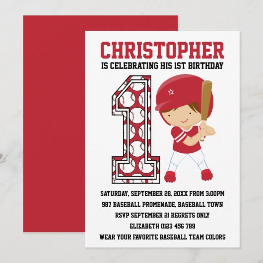Invitation Batteur de baseball Red White 1er Anniversaire (Devant / Derrière)
