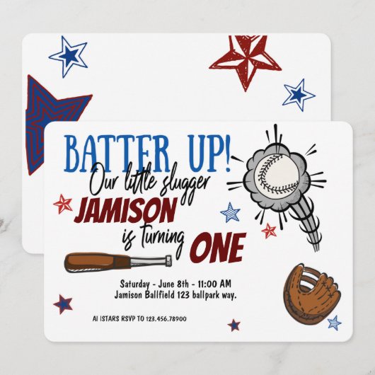 Invitation BATTRE UP|Baseball|Little Slugger|Anniversaire (Devant / Derrière)