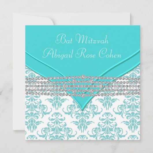 Invitation Batz Mitzvah damassé bleu sarcelle (Devant)