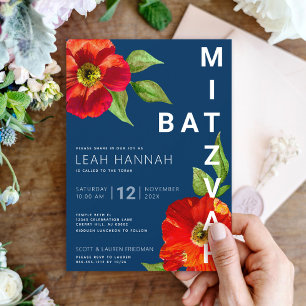 Invitation Batz Mitzvah Fleur Rouge Moderne Aquarelle Bleu Ma