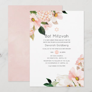 Invitation Batz Mitzvah Floral Rose Pâle Pastel Aquarelle