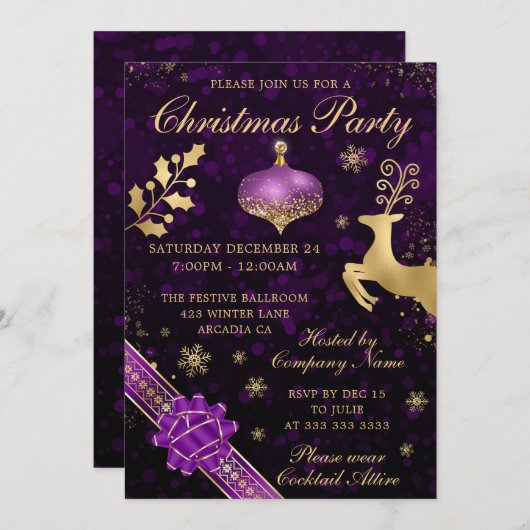 Invitation Bauble violet et or et fête de Noël au ruban (Devant / Derrière)