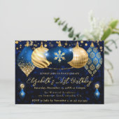Invitation Baubles de Noël Bleu et Or Anniversaire (Debout devant)