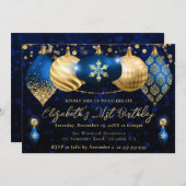 Invitation Baubles de Noël Bleu et Or Anniversaire (Devant / Derrière)