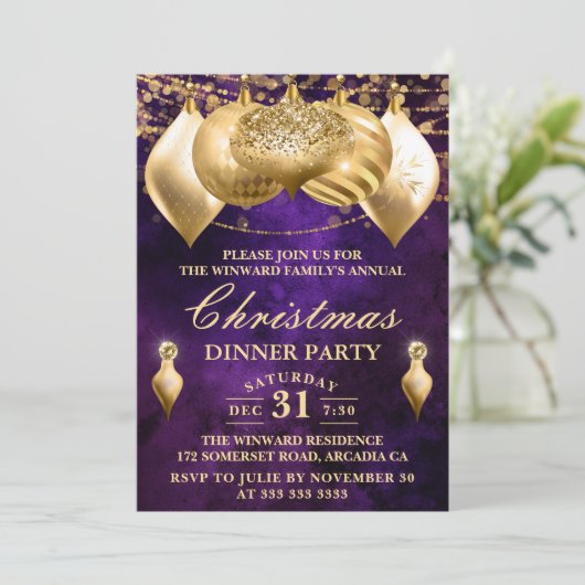 Invitation Baubles de Noël pourpre et or (Debout devant)