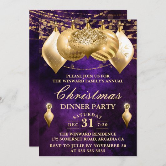 Invitation Baubles de Noël pourpre et or (Devant / Derrière)