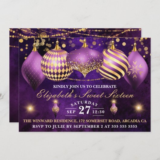 Invitation Baubles de Noël pourpre et or doux 16 (Devant / Derrière)