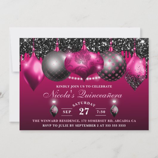Invitation Baubles de Parties scintillant rose et noir chaud  (Devant)