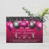 Invitation Baubles de Parties scintillant rose et noir chaud  (Debout devant)