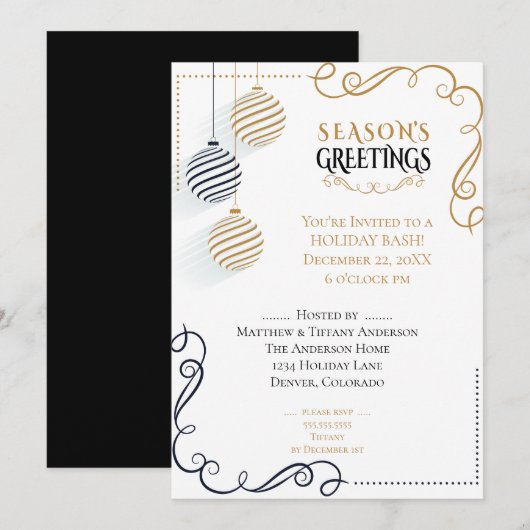 Invitation Baubles de vacances minimaux Noir et Or (Devant / Derrière)
