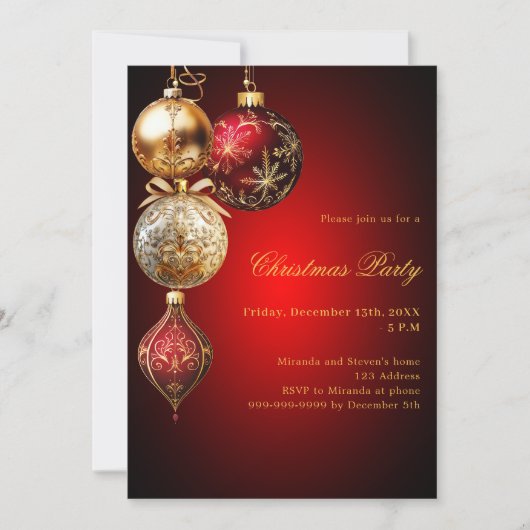 Invitation Baubles d'or rouge Noël (Devant)