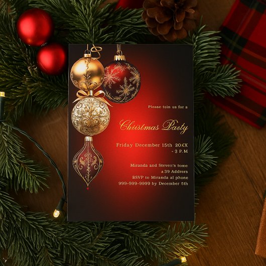 Invitation Baubles d'or rouge Noël