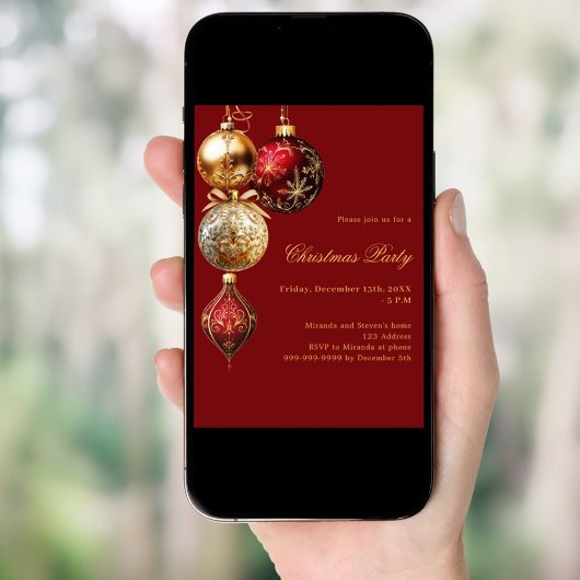Invitation Baubles d'or rouge Noël