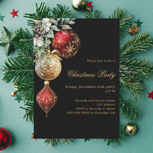 Invitation Baubles d'or rouge noir Noël