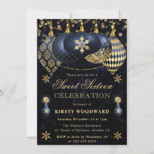 Invitation Baubles scintillantes bleues et or pour Sweet Sixt
