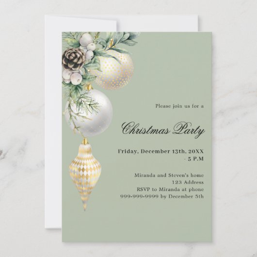 Invitation Baubles verts or blanc Noël (Devant)