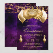 Invitation Baubles violets et dorés Soirée de Noël (Devant / Derrière)