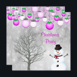 Invitation Baubles, Winter Tree & Snowman Christmas Party<br><div class="desc">Élégantes invitations de fête de Noël personnalisées. Elégant et glamour personnalisé / personnalisé invitations de fête de Noël annuel pour des événements familiaux, informels ou formels d'entreprise. L'avant a une belle image imprimée de baubles violets, roses et blancs suspendus avec des confettis. Dans le coin inférieur droit est un mignon...</div>