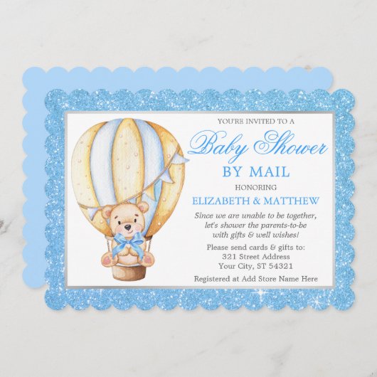 Invitation Baudrier à air chaud Bear Blue Parties scintillant (Devant / Derrière)