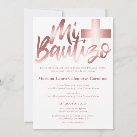Invitation Bautizo Baptême espagnol Faux ROSE OR (Devant)