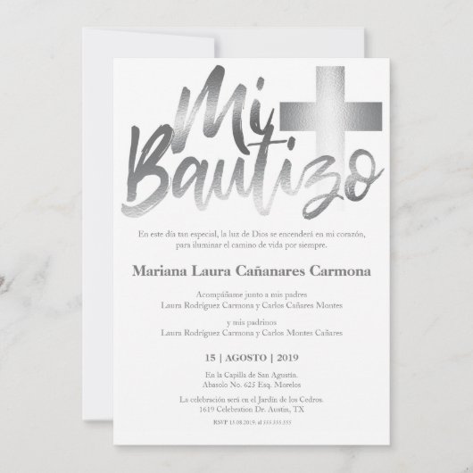 Invitation Bautizo Baptism Espagnol Faux SILVER (Devant)