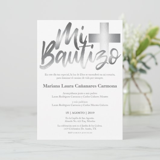 Invitation Bautizo Baptism Espagnol Faux SILVER (Debout devant)