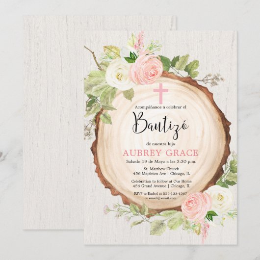 Invitation Bautizo baptism Espagnol fille rustique (Devant / Derrière)