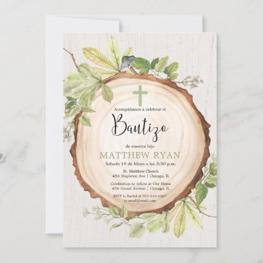 Invitation Bautizo baptism espagnol langue rustique garçon (Devant)
