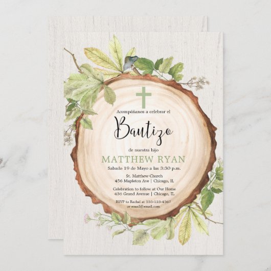 Invitation Bautizo baptism espagnol langue rustique garçon (Devant / Derrière)